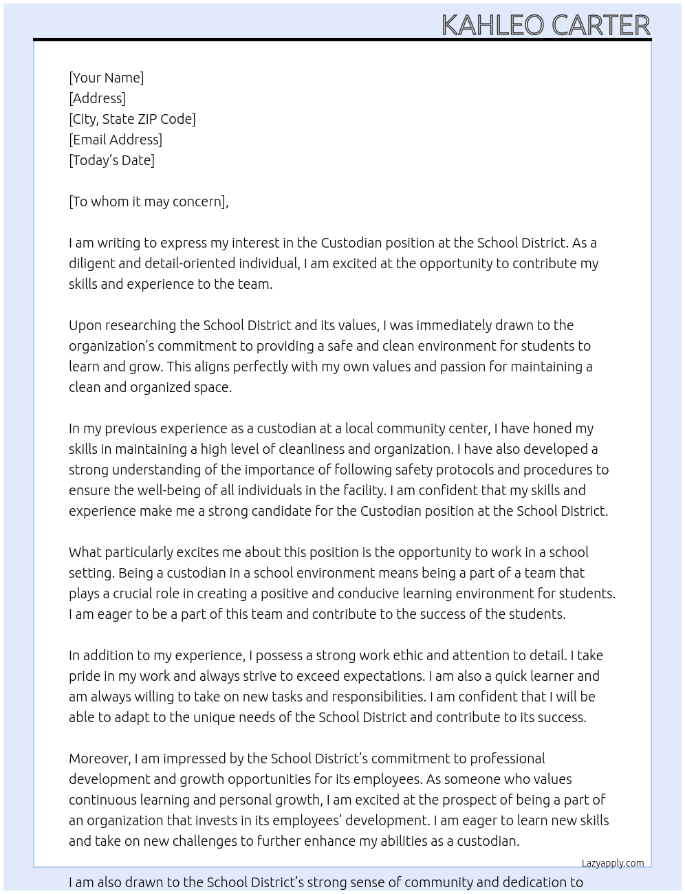 Custodian At School District Cover Letter