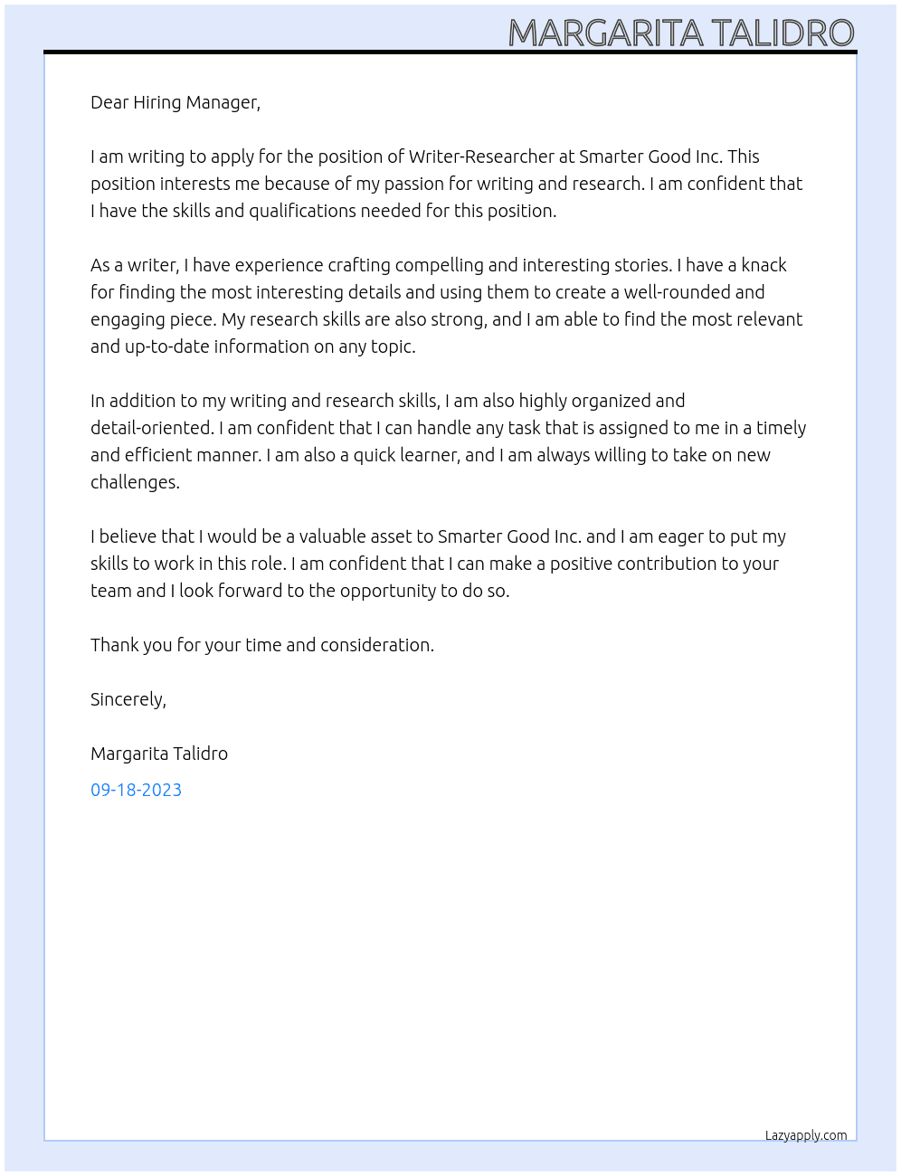 Writer-Researcher At Smarter Good Inc. Cover Letter