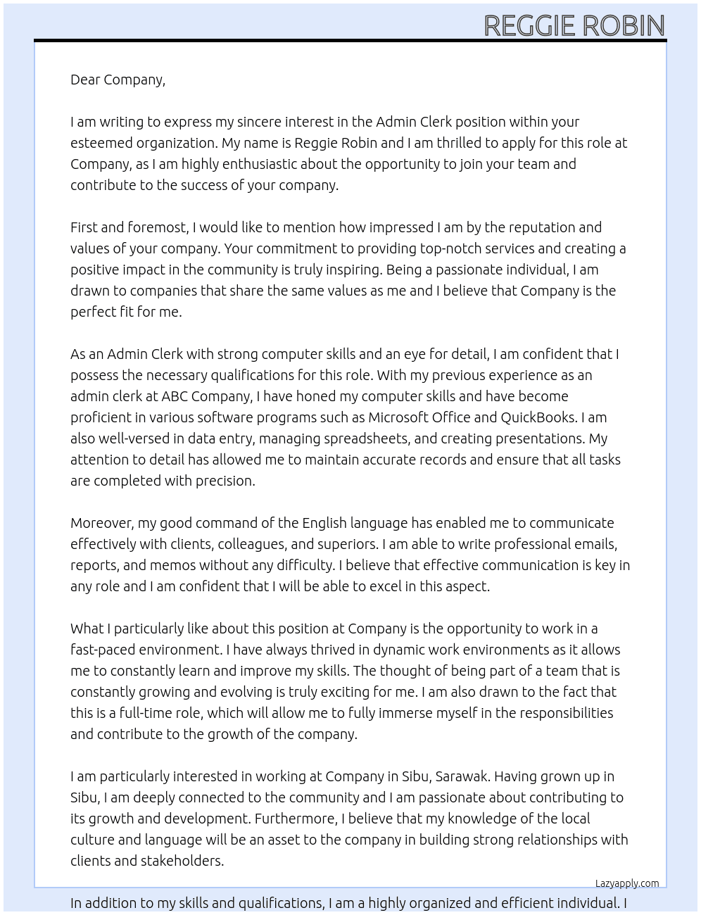 admin clerk At Company Cover Letter