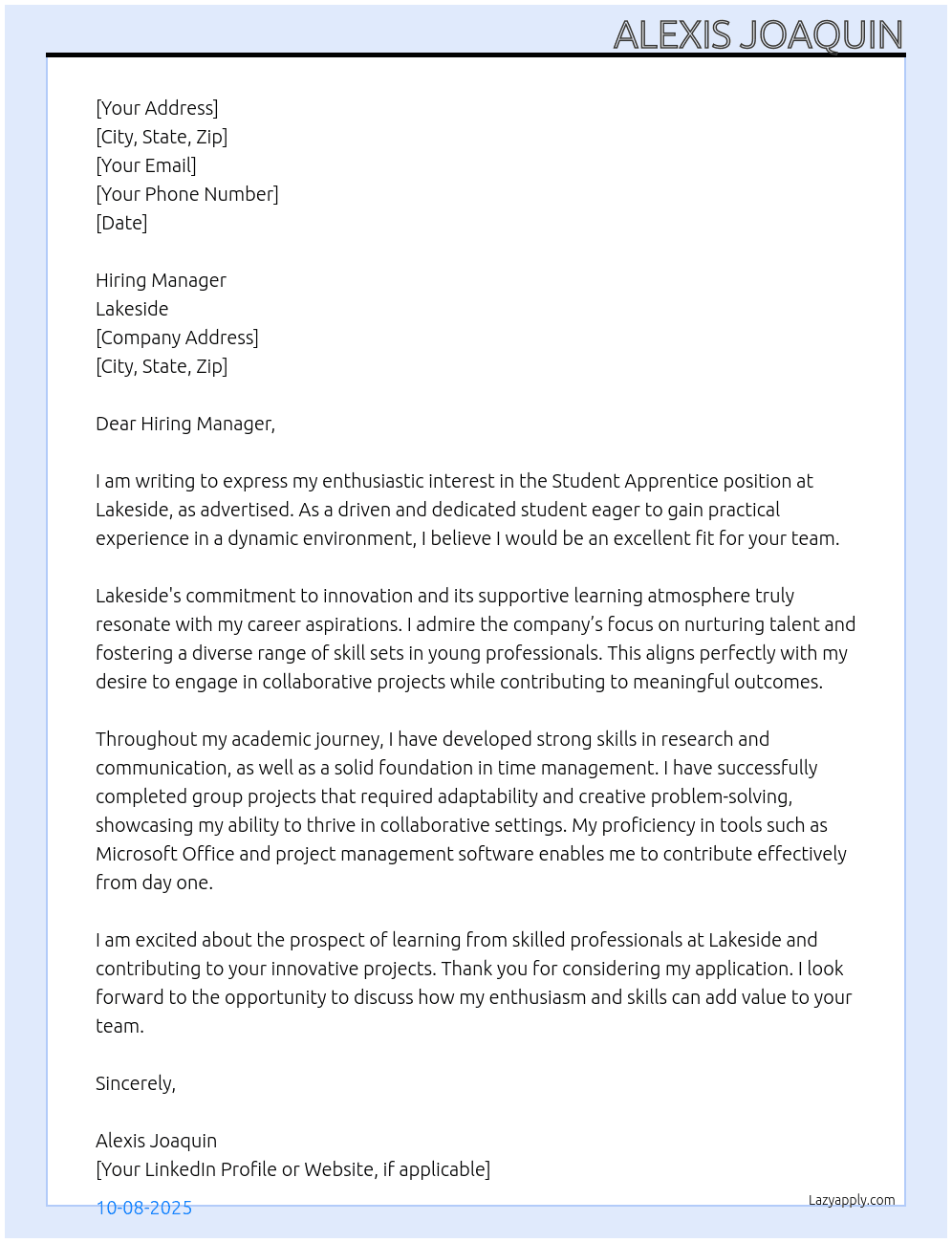 Cover letter for student apprentice - LazyApply