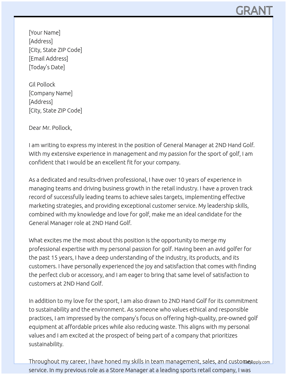 General manager At 2ND hand golf Cover Letter