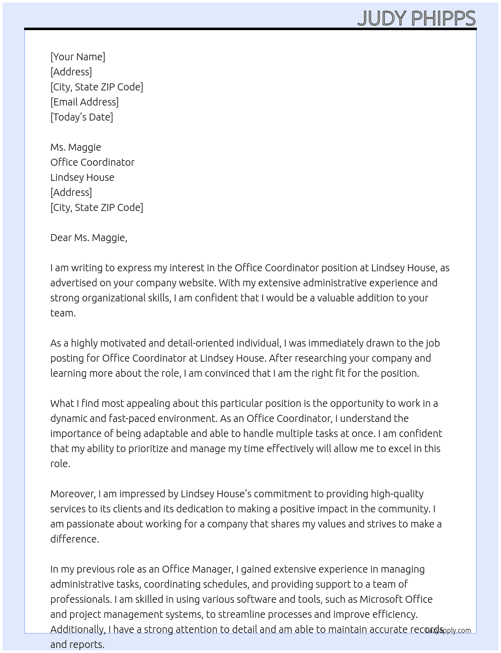 Office Coordinator At Lindsey House Cover Letter