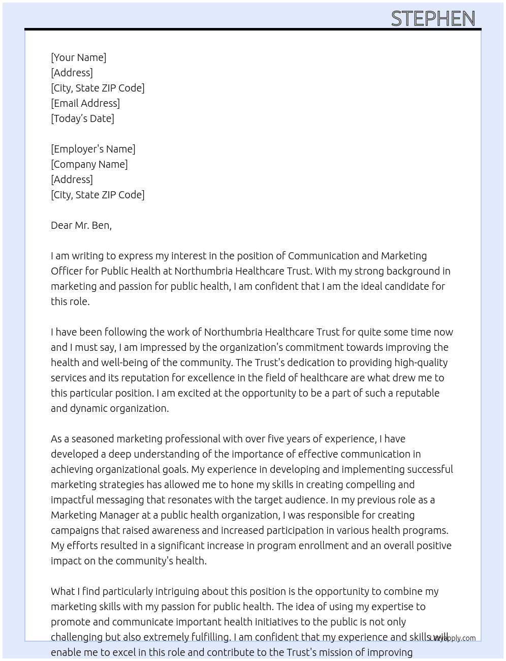 Communication and Marketing Officer (Public Health) At Northumbria Healthcare Trust Cover Letter