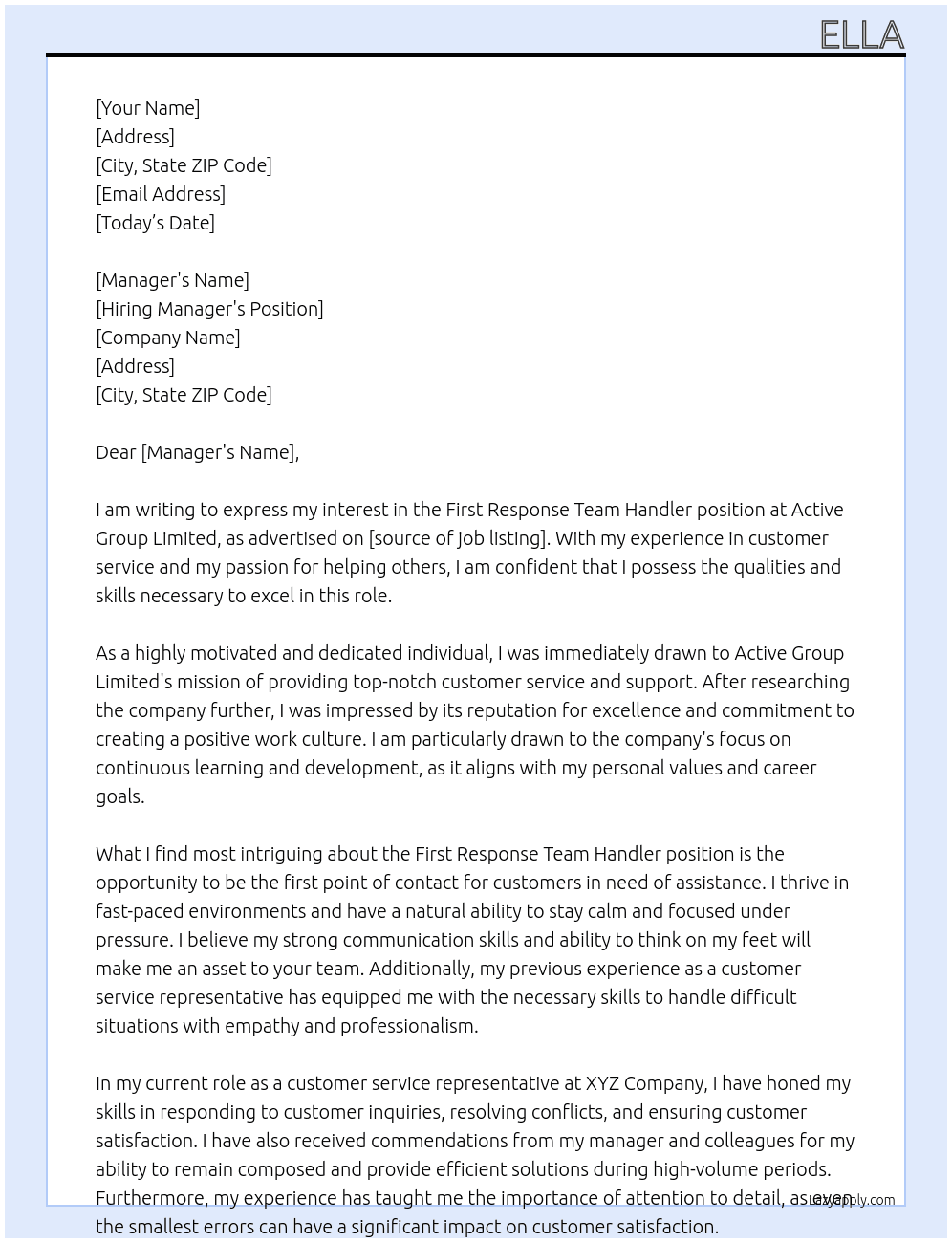 First response team handler  At Active group limited  Cover Letter