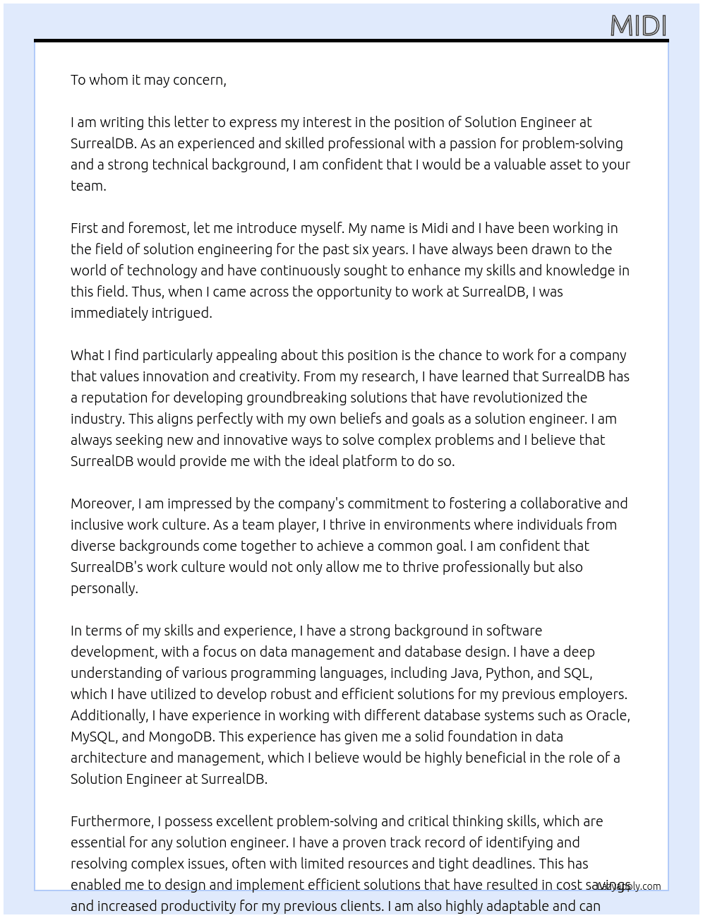 Solution Engineer At SurrealDB Cover Letter