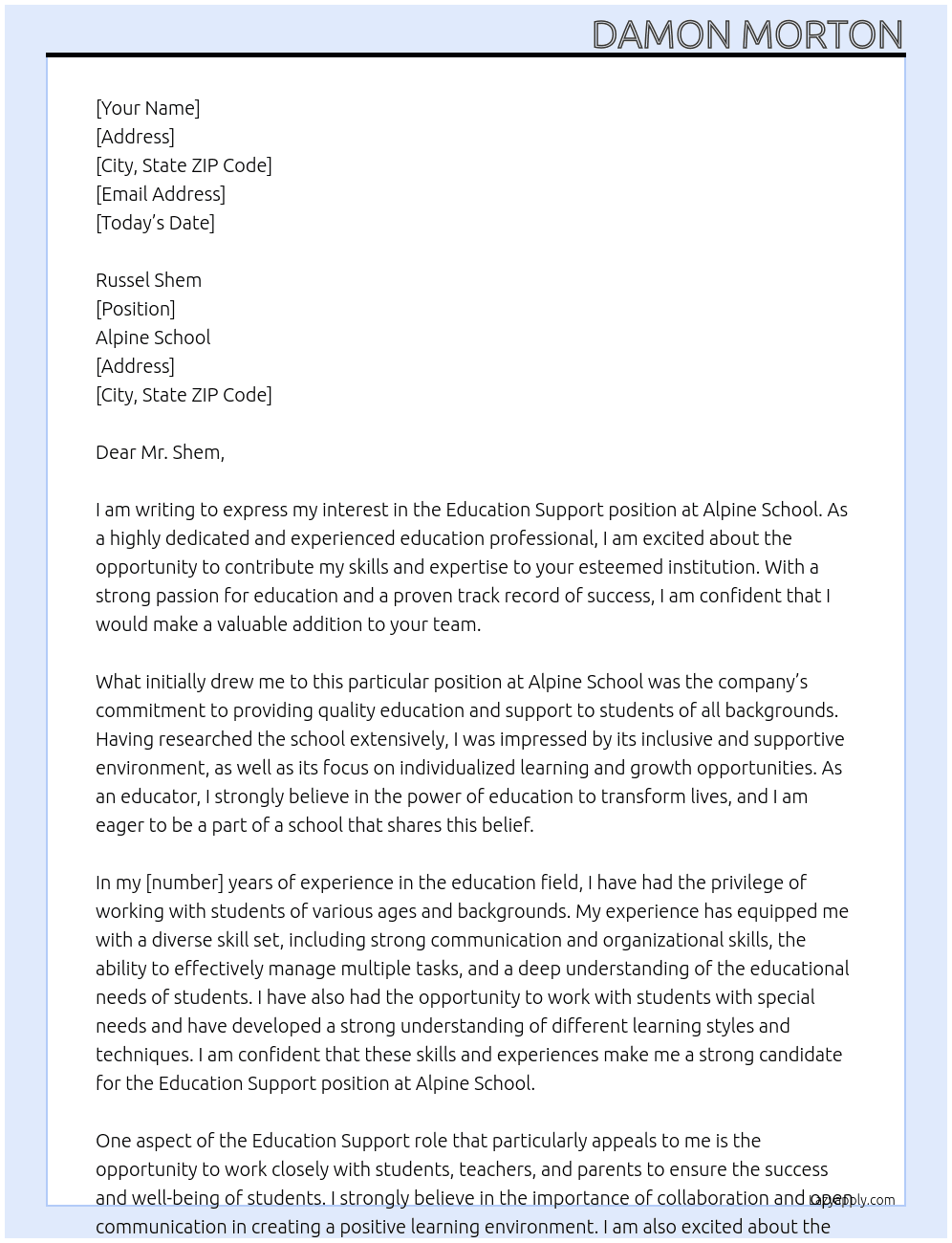 Education Support At Alpine School Cover Letter
