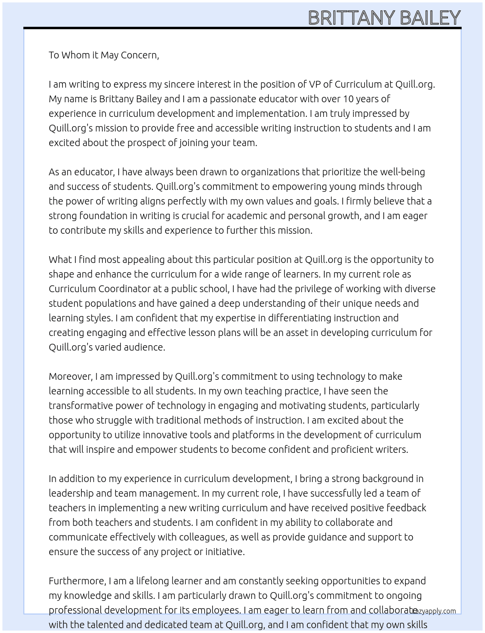 VP of Curriculum At Quill.org Cover Letter