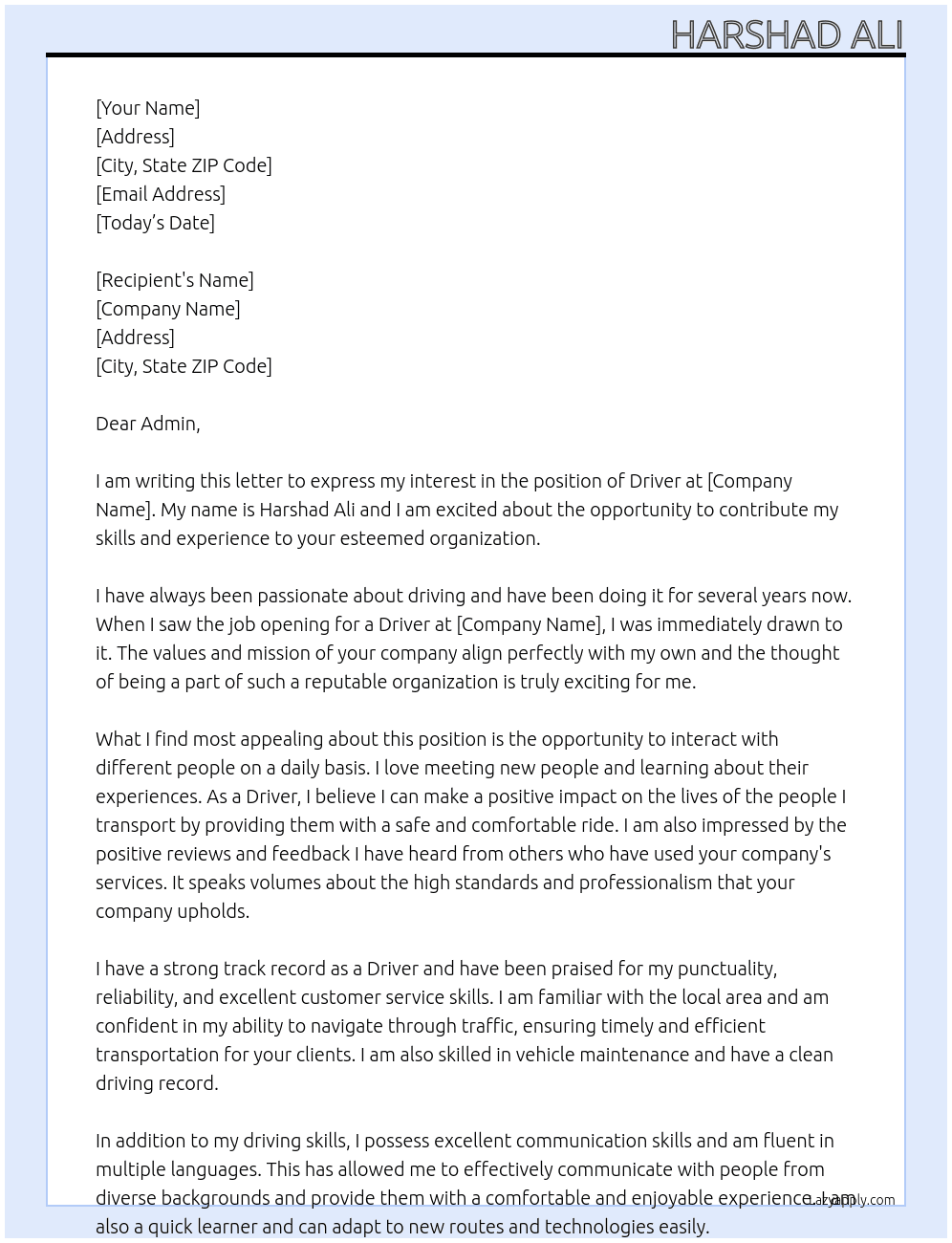 Driver At Nill Cover Letter