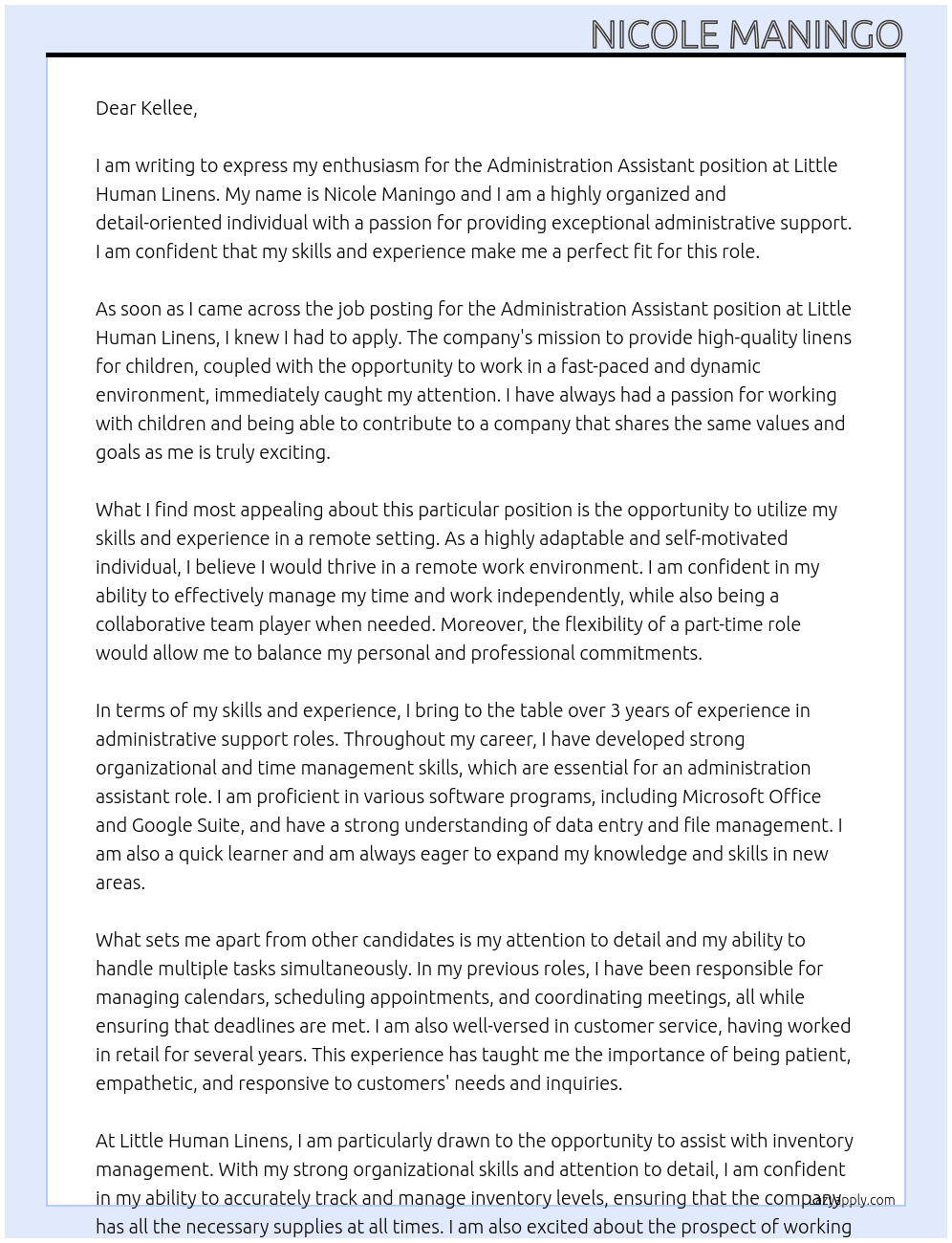 Administration Assistant At Little Human Linens Cover Letter