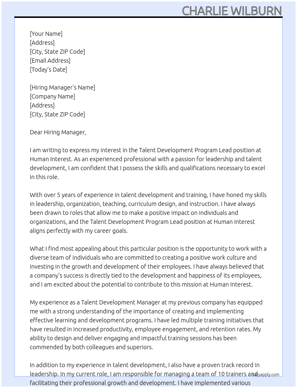 Talent Development Program Lead At Human Interest Cover Letter
