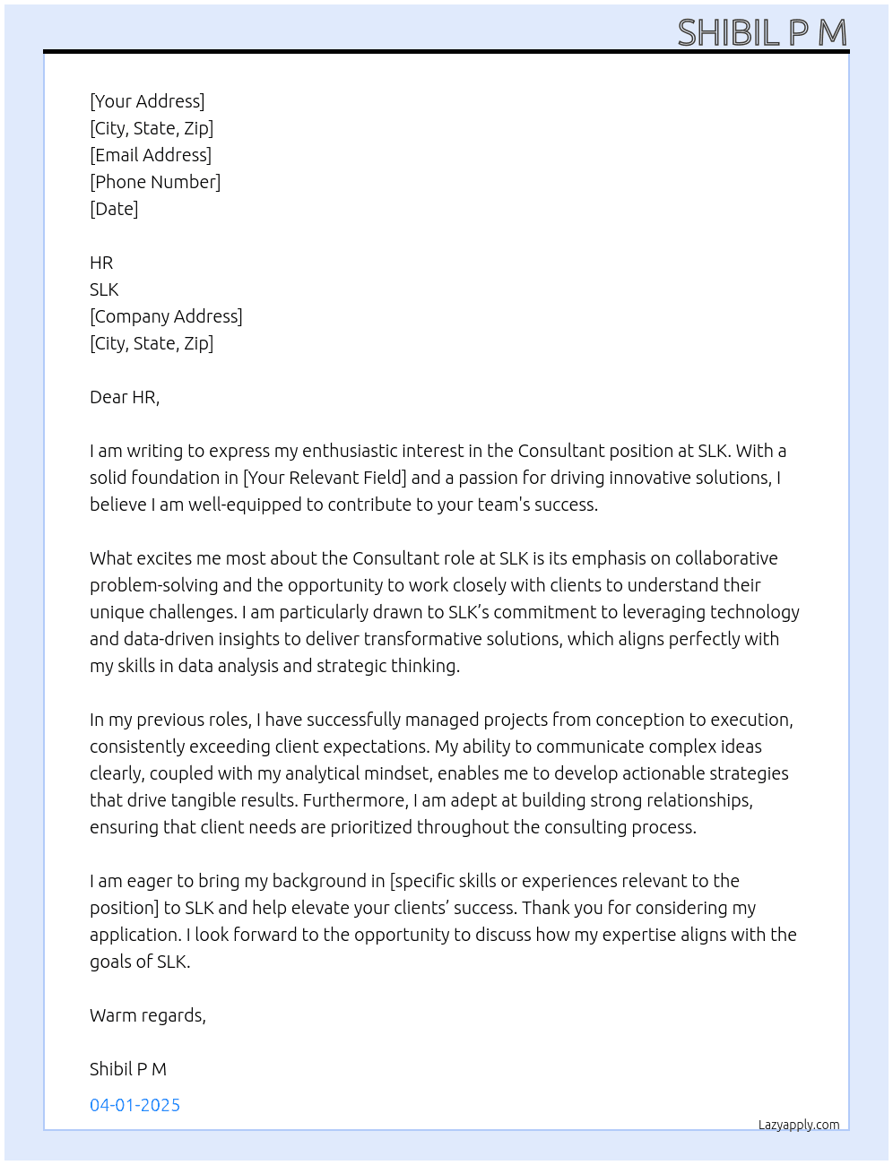 Consultant At SLK Cover Letter