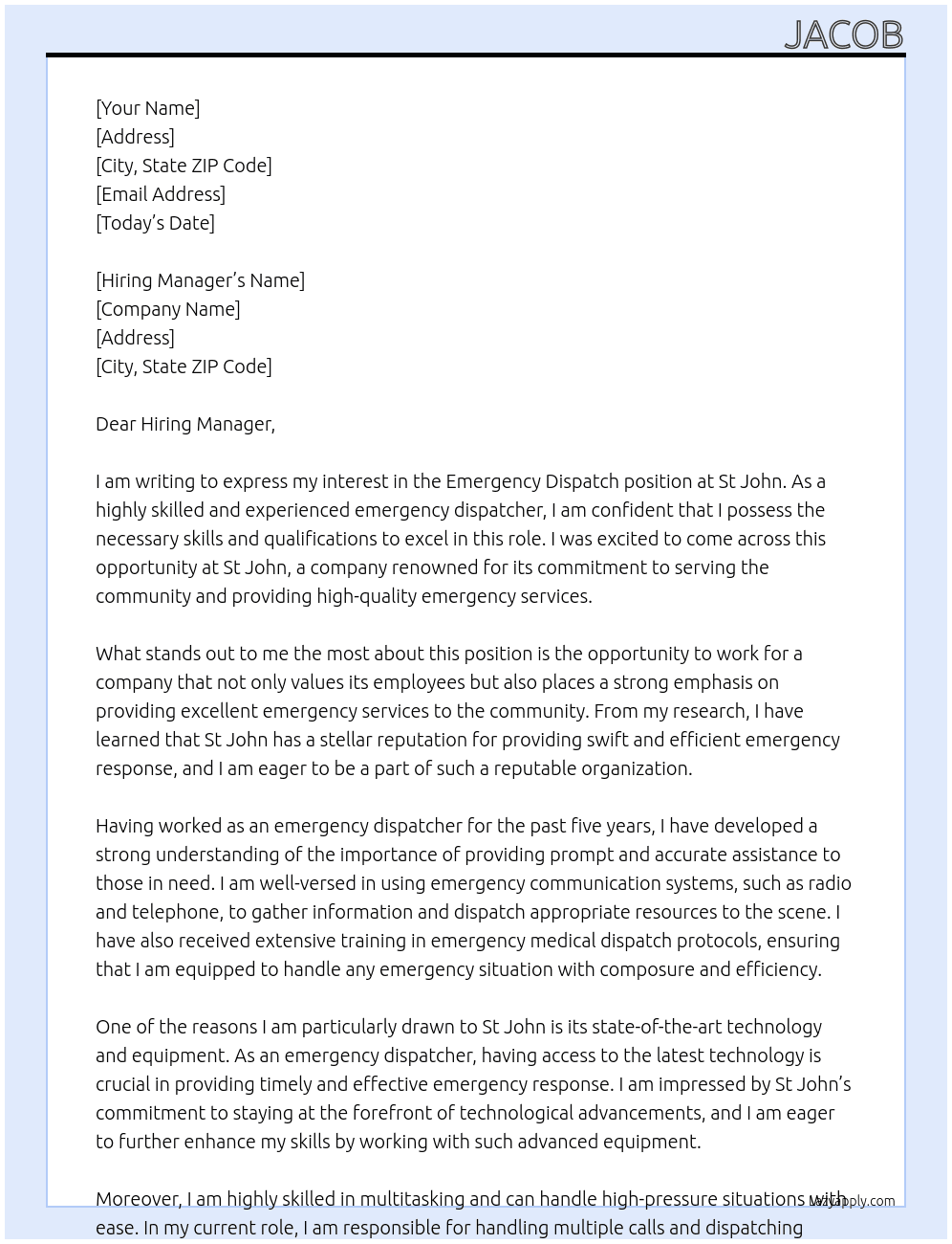 Emergency dispatch At St john Cover Letter