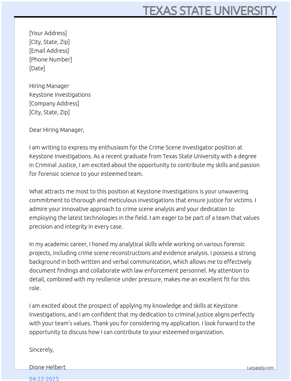 Crime Scene Investigator At Keystone investigations Cover Letter
