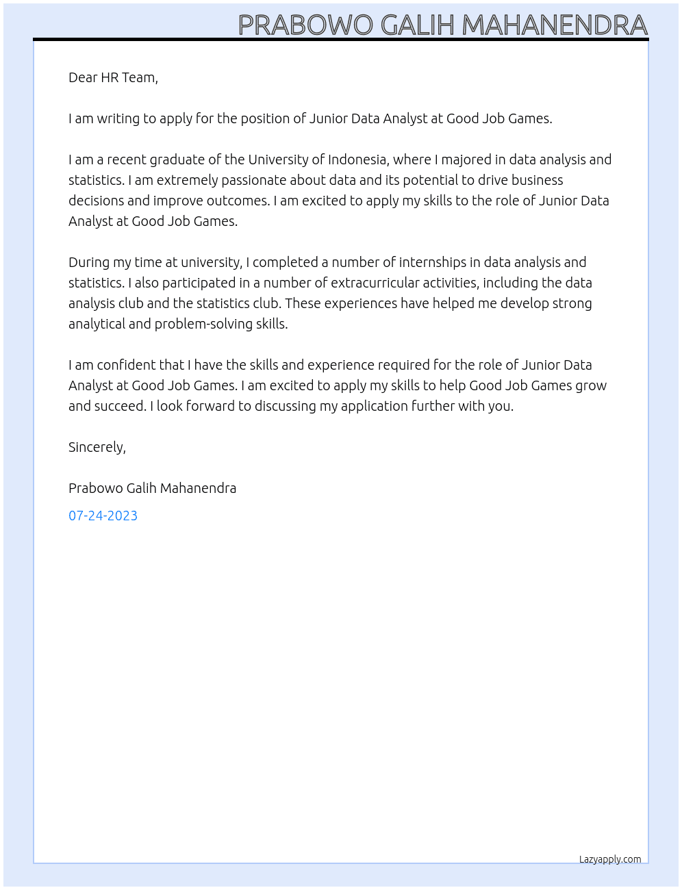 Junior Data Analyst At Good Job Games Cover Letter