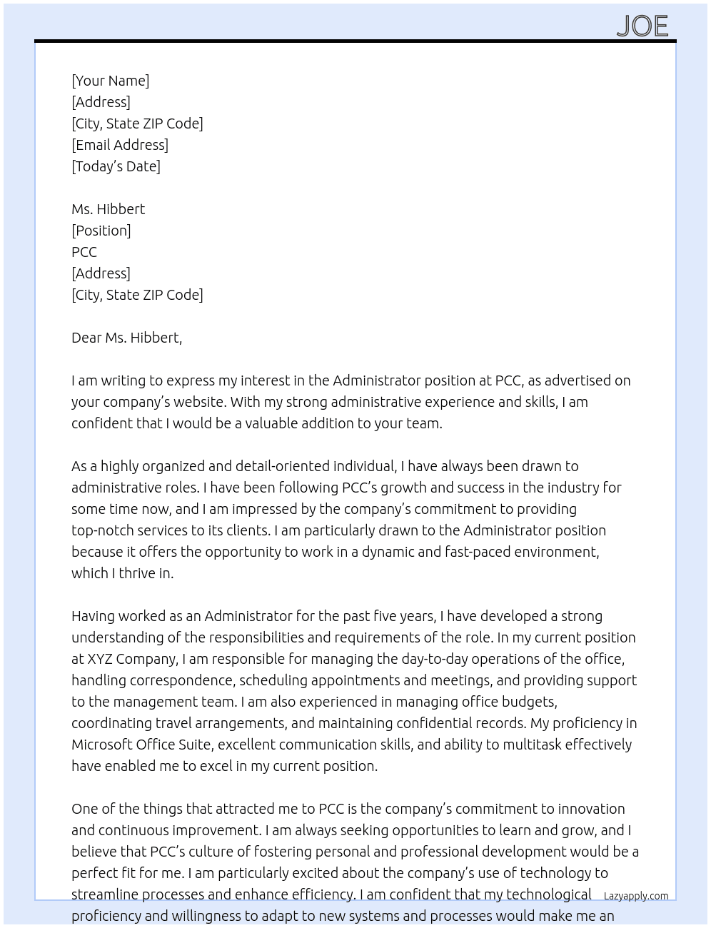 Administrator  At PCC Cover Letter