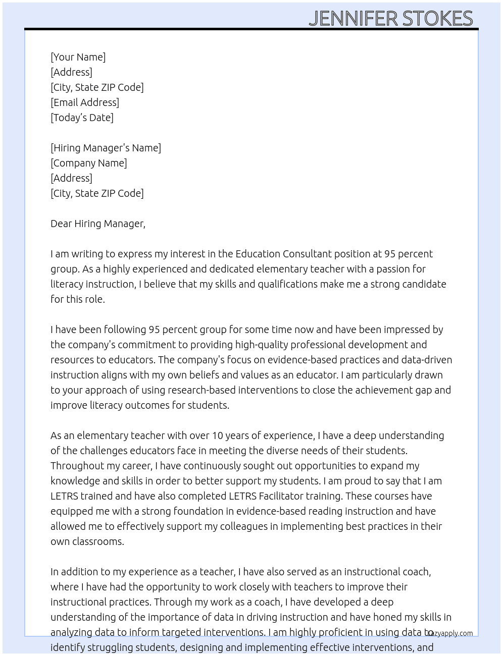 Education Consultant  At 95 percent group  Cover Letter