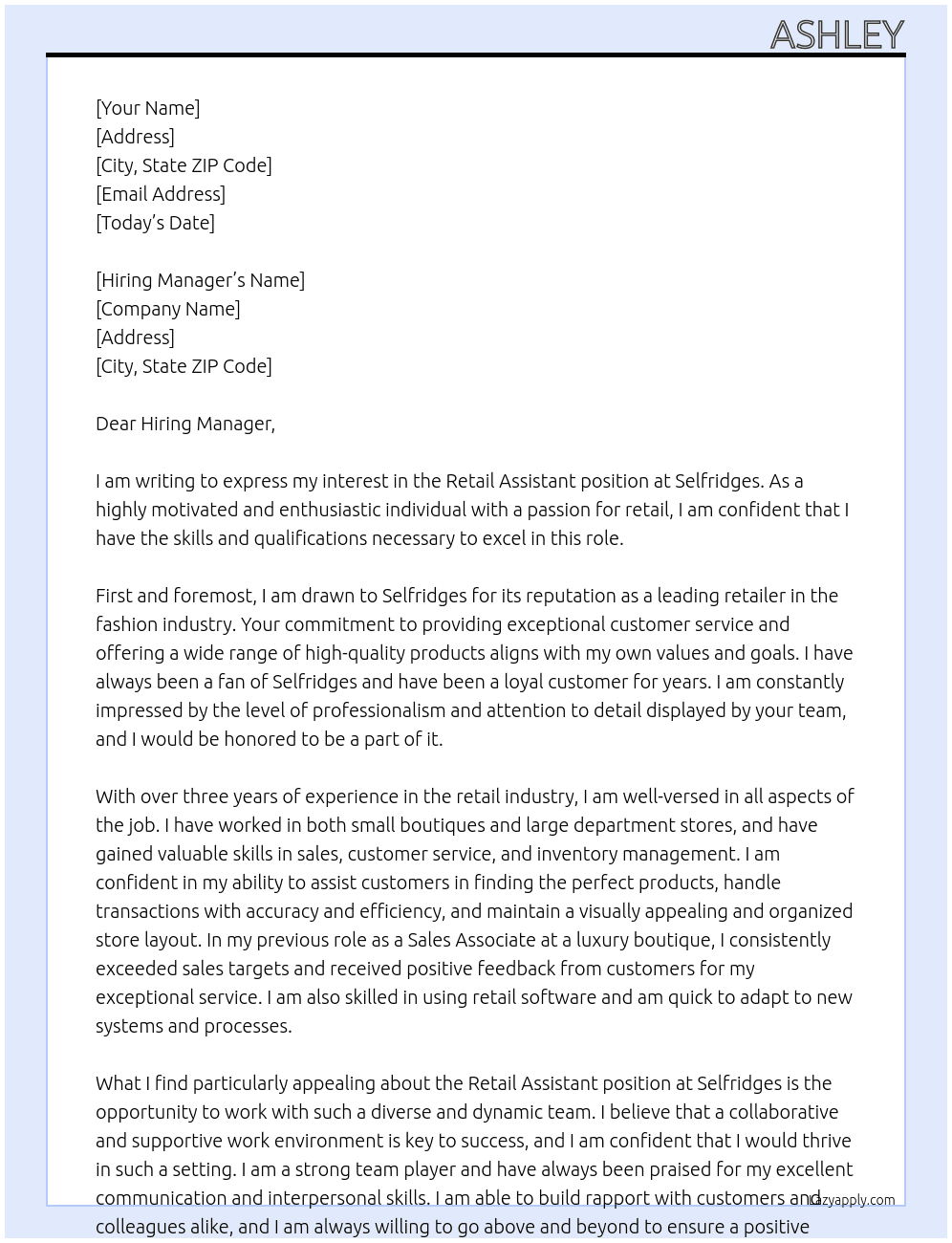 Retail Assistant At Selfridges Cover Letter