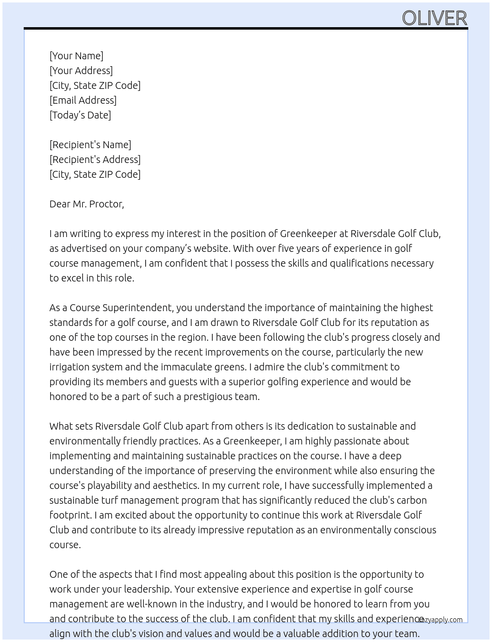 Greenkeeper At Riversdale Golf Club Cover Letter
