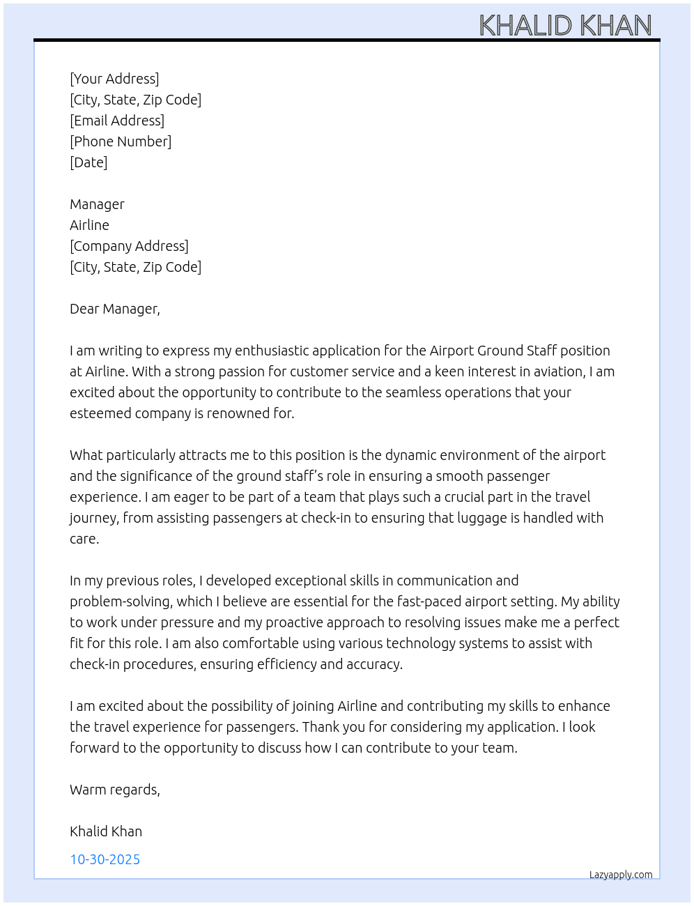 Airport ground staff  At Airline  Cover Letter