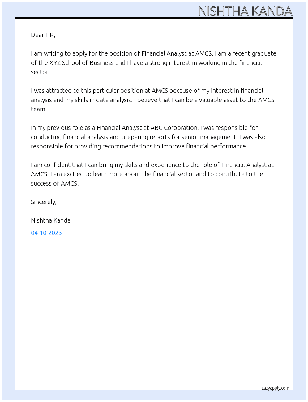 FINANCIAL ANALYST At AMCS Cover Letter