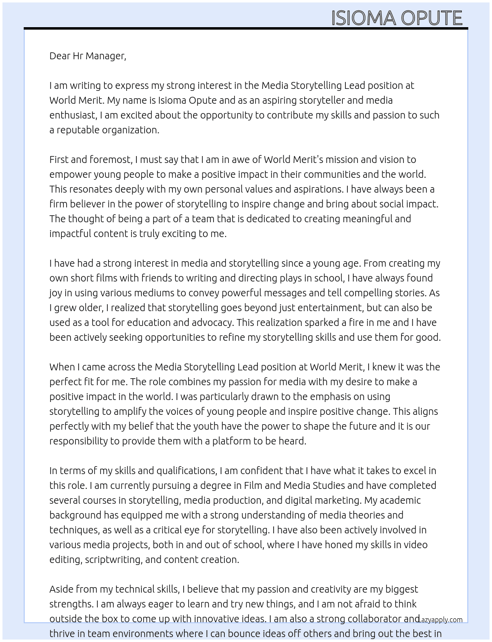 Media Storytelling Lead  At World merit Cover Letter