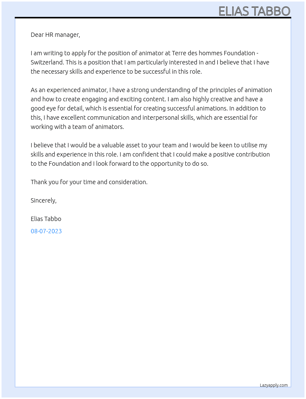 Animator At Terre des hommes Foundation - Switzerland Cover Letter
