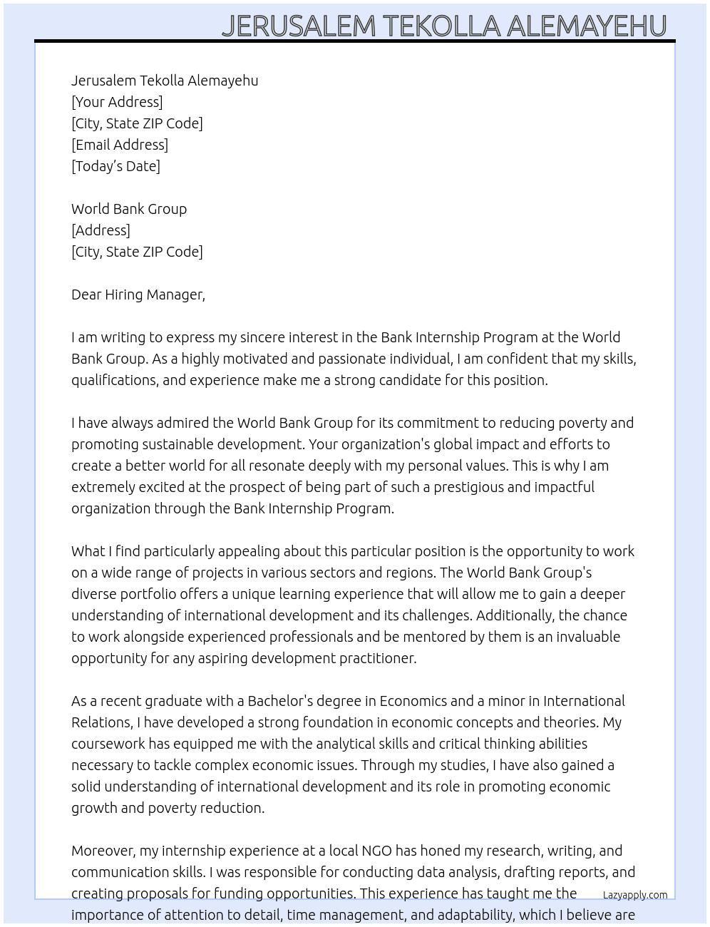 Bank internship program  At World Bank group  Cover Letter