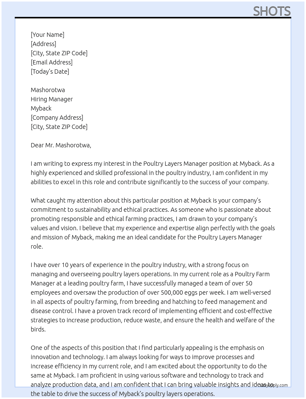 Poultry layers manager At Myback Cover Letter