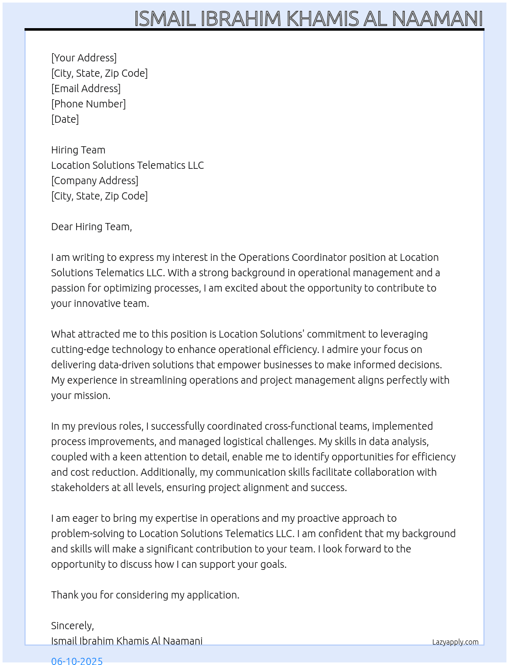 Operations Coordinator At Location Solutions Telemetics LLC. Cover Letter