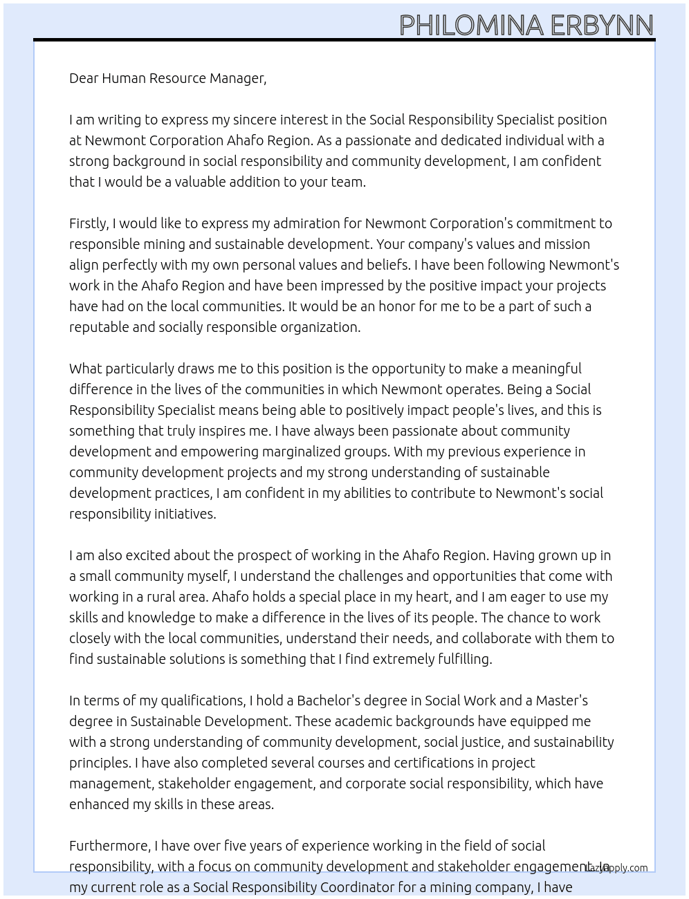 Social Responsibility Specialist At Newmont Corporation Ahafo Region Cover Letter