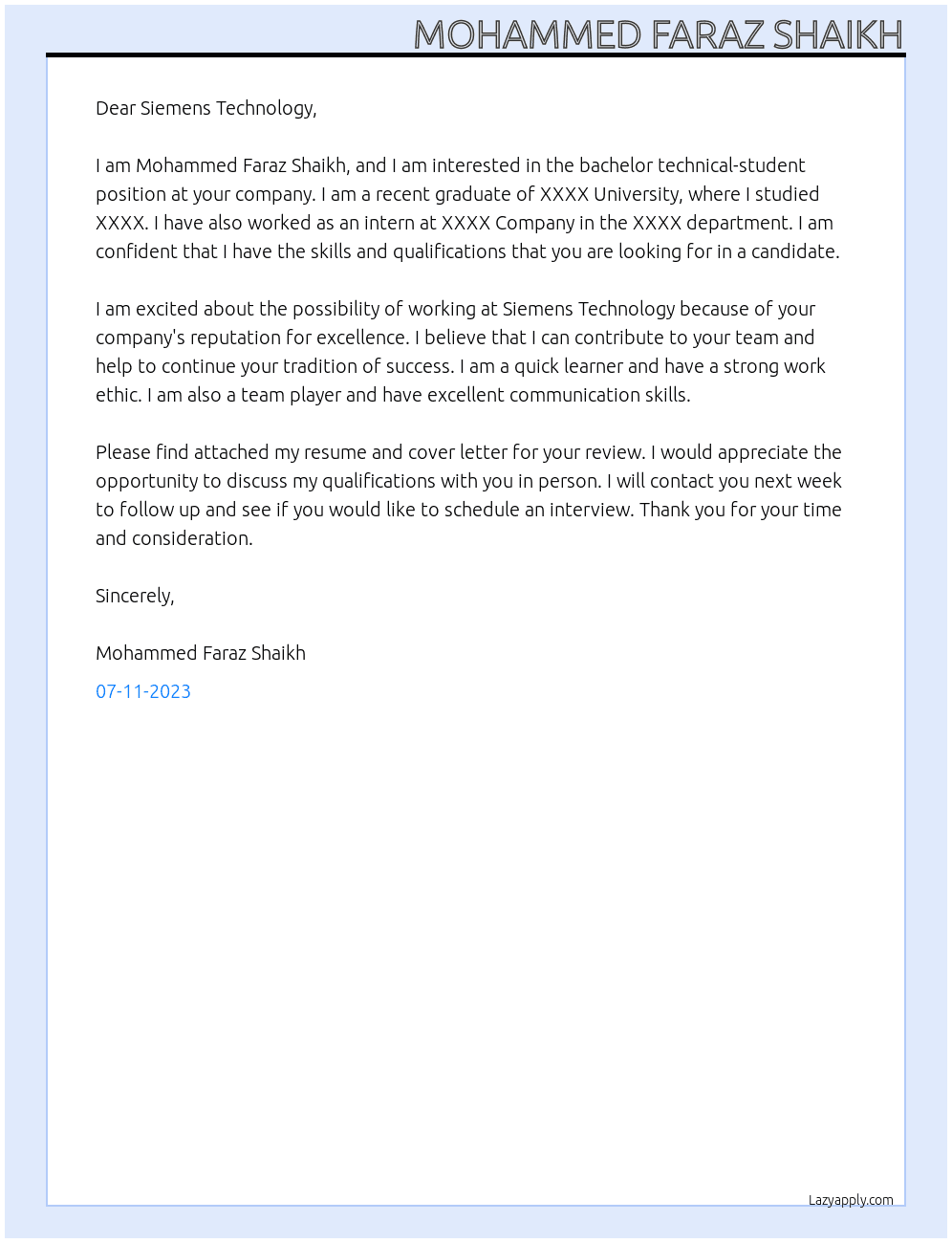 bachelor technical-student At siemens technology Cover Letter