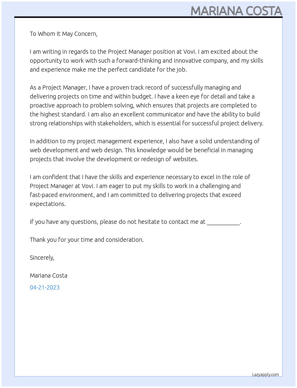 Project Manager At Vovi Cover Letter