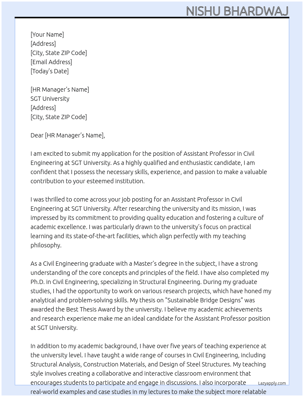 Assistant Professor in Civil Engineering At SGT University Cover Letter
