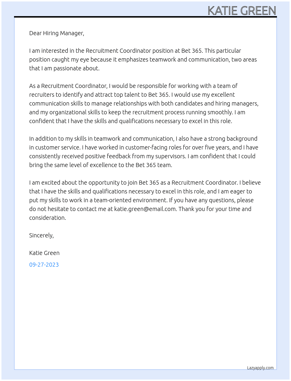 Recruitment Coordinator  At Bet 365 Cover Letter