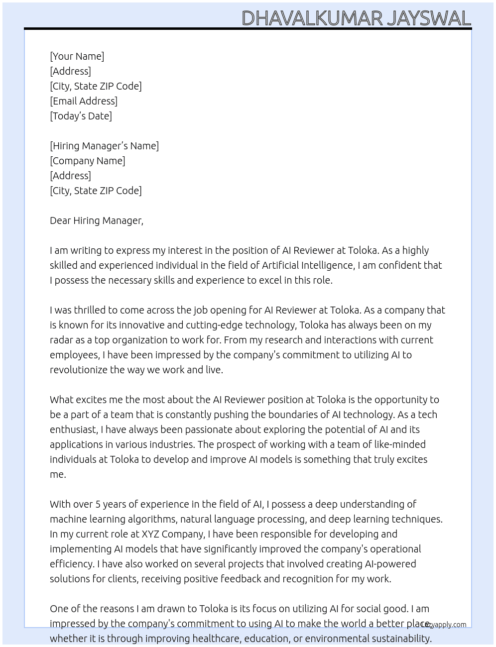 AI Reviewer At Toloka Cover Letter