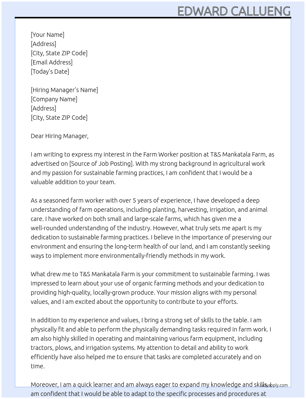 Farm worker At T&S Mankatala Farm Cover Letter