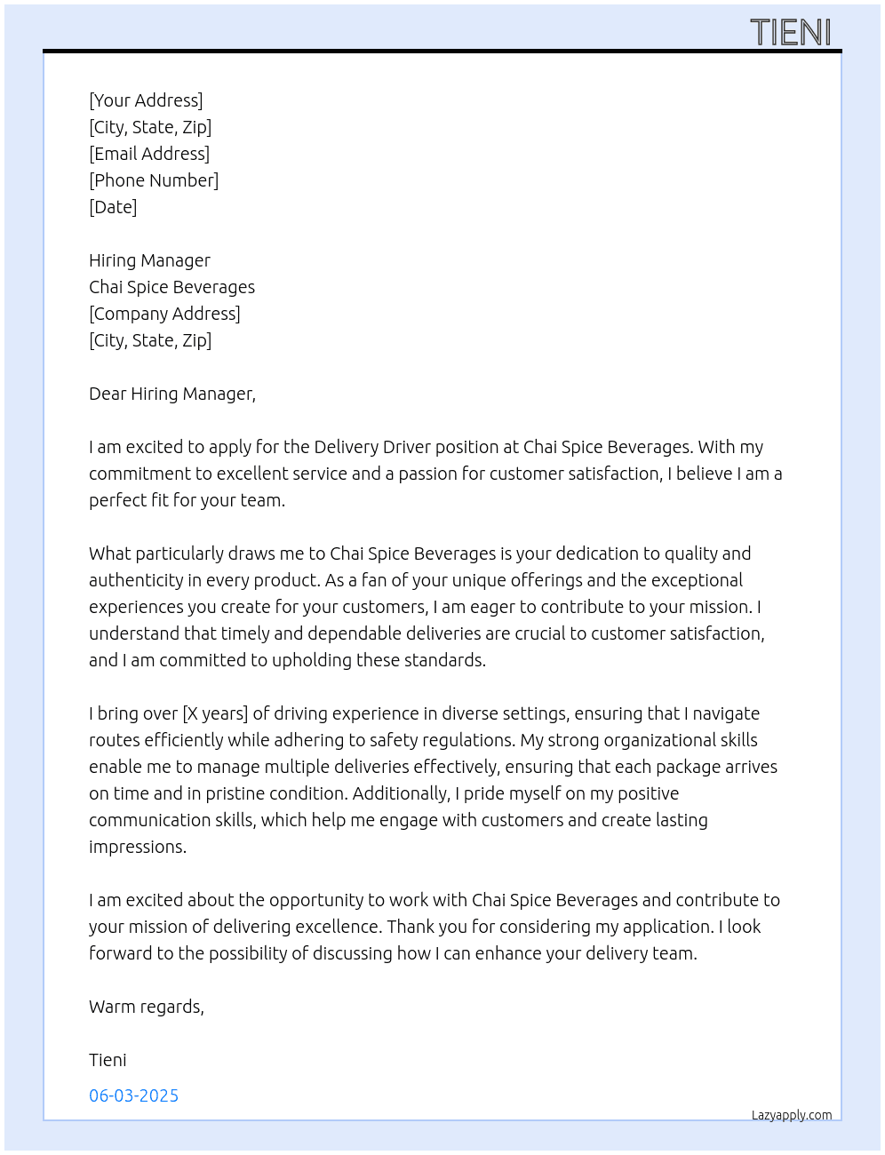 Delivery Driver At Chai Spice Beverages Cover Letter