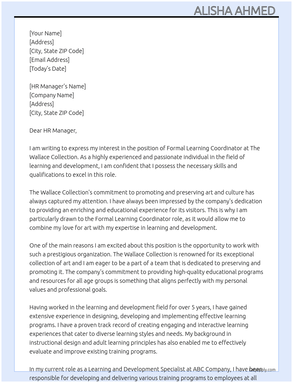 Formal Learning Coordinator  At The Wallace Collection Cover Letter