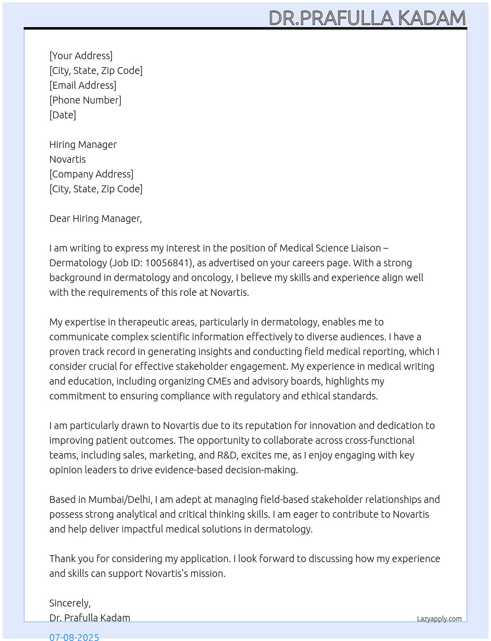 Medical Scientific Liaison At Novartis Cover Letter