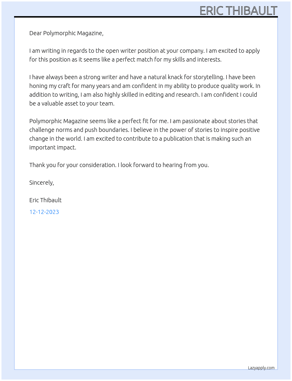 Writer At Polymorphic Magazine Cover Letter