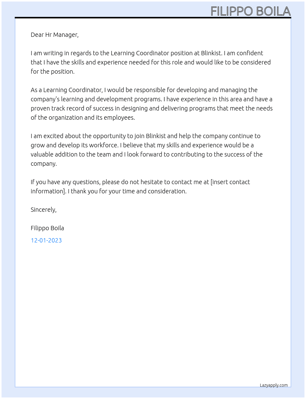 Learning Coordinator At Blinkist Cover Letter