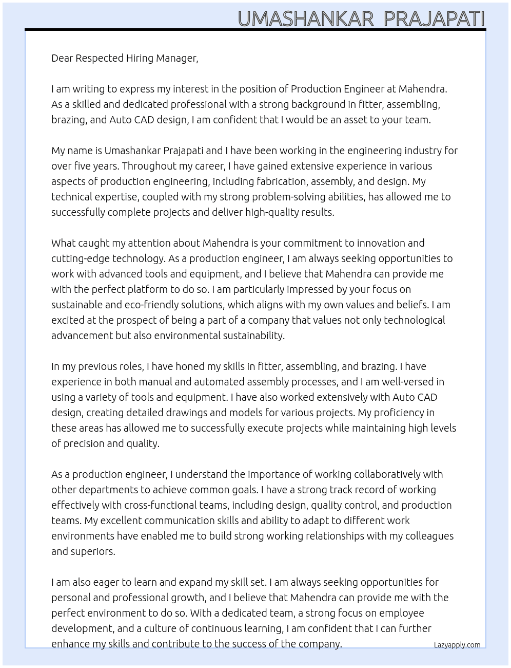 PRODUCTION ENGINEER  At MAHENDRA  Cover Letter