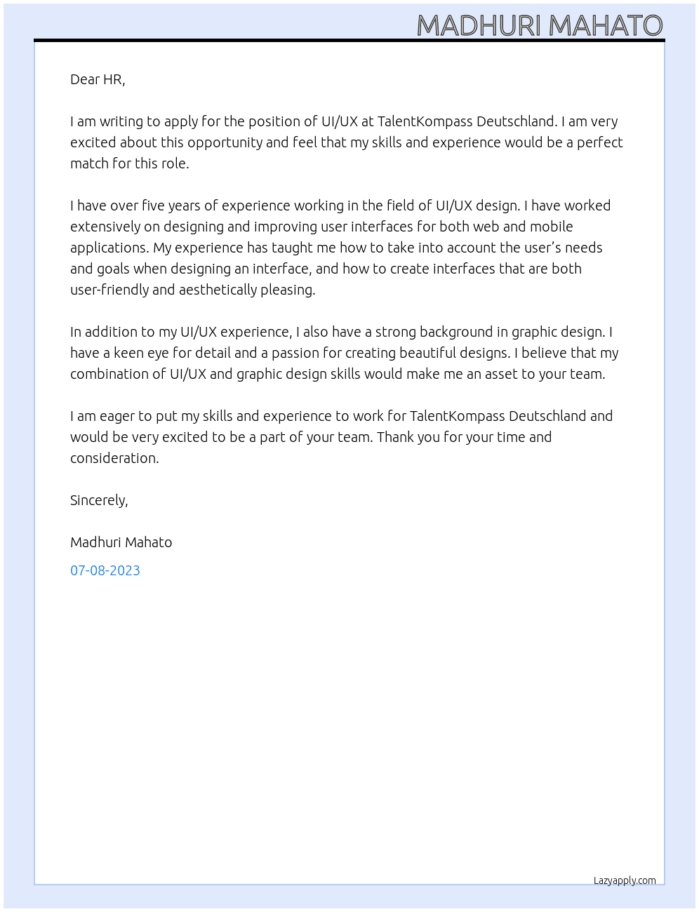 UI/UX At TalentKompass Deutschland Cover Letter