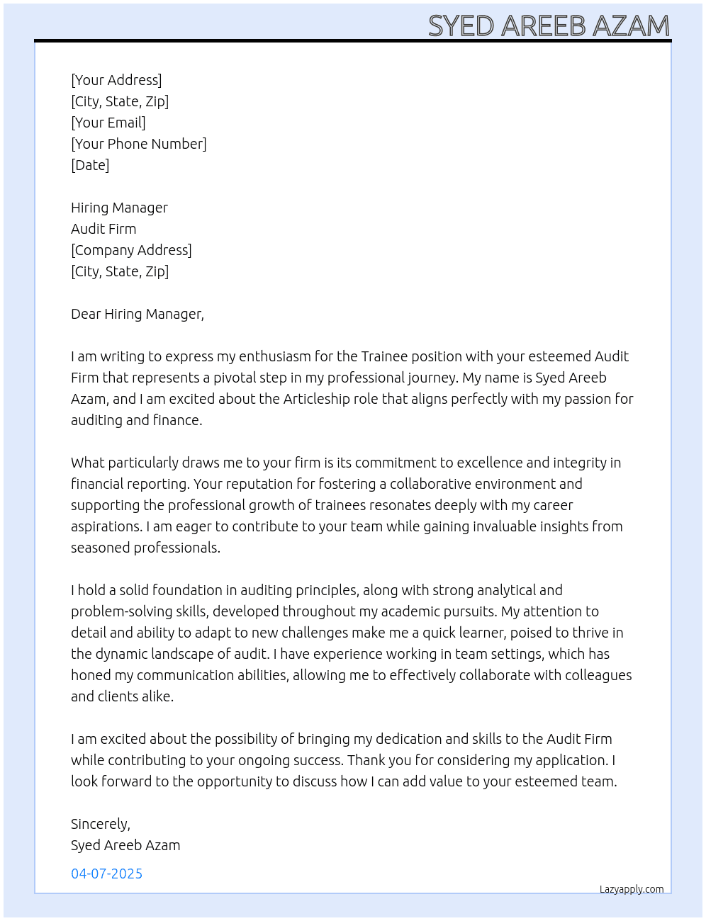 Trainee At Audit Firm Cover Letter