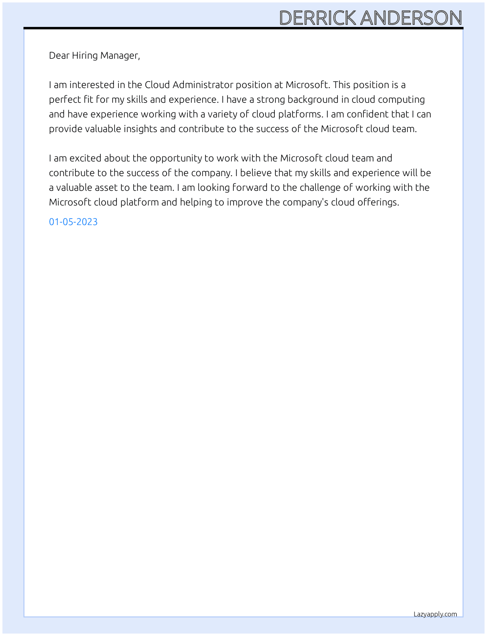Cloud Administrator  At Microsoft Cover Letter