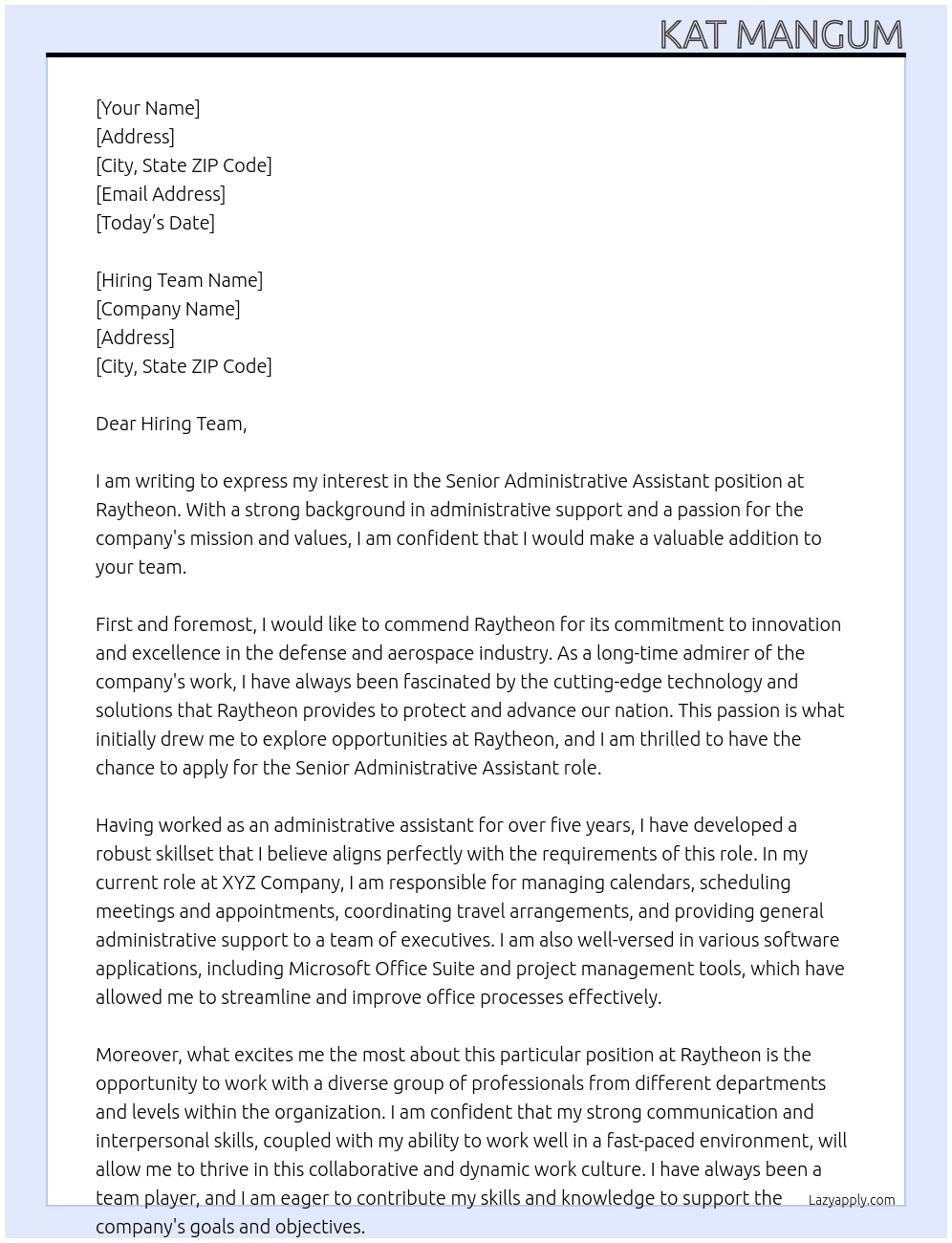 Senior Administrative assistant At Raytheon Cover Letter
