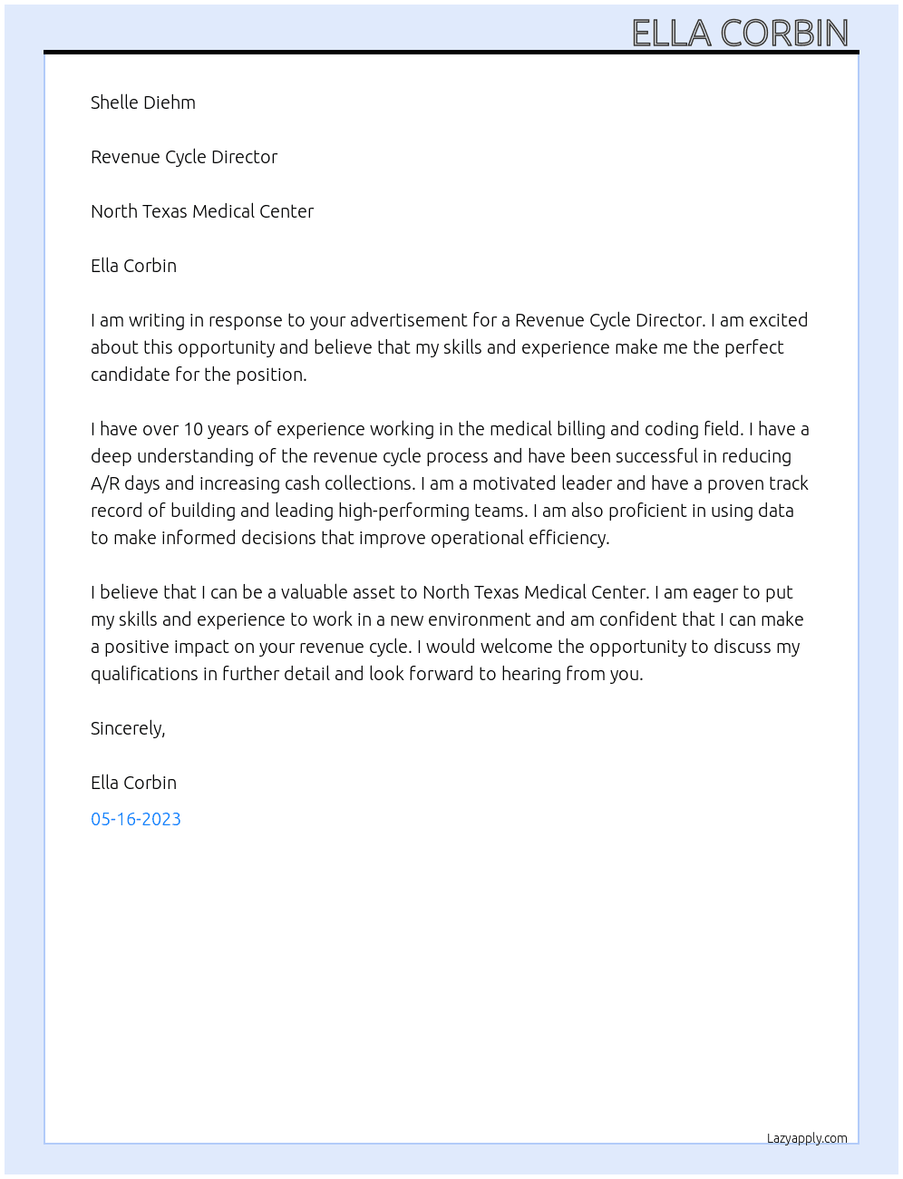 Revenue Cycle Director  At North Texas Medical Center  Cover Letter