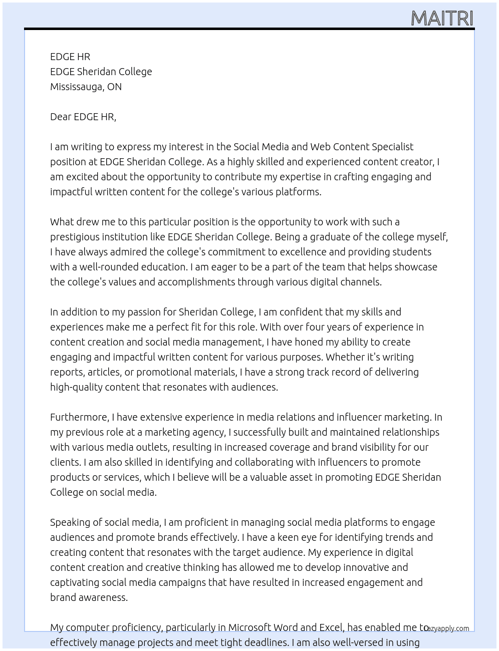 social media and webcontent specialist At EDGE sheridan college Cover Letter