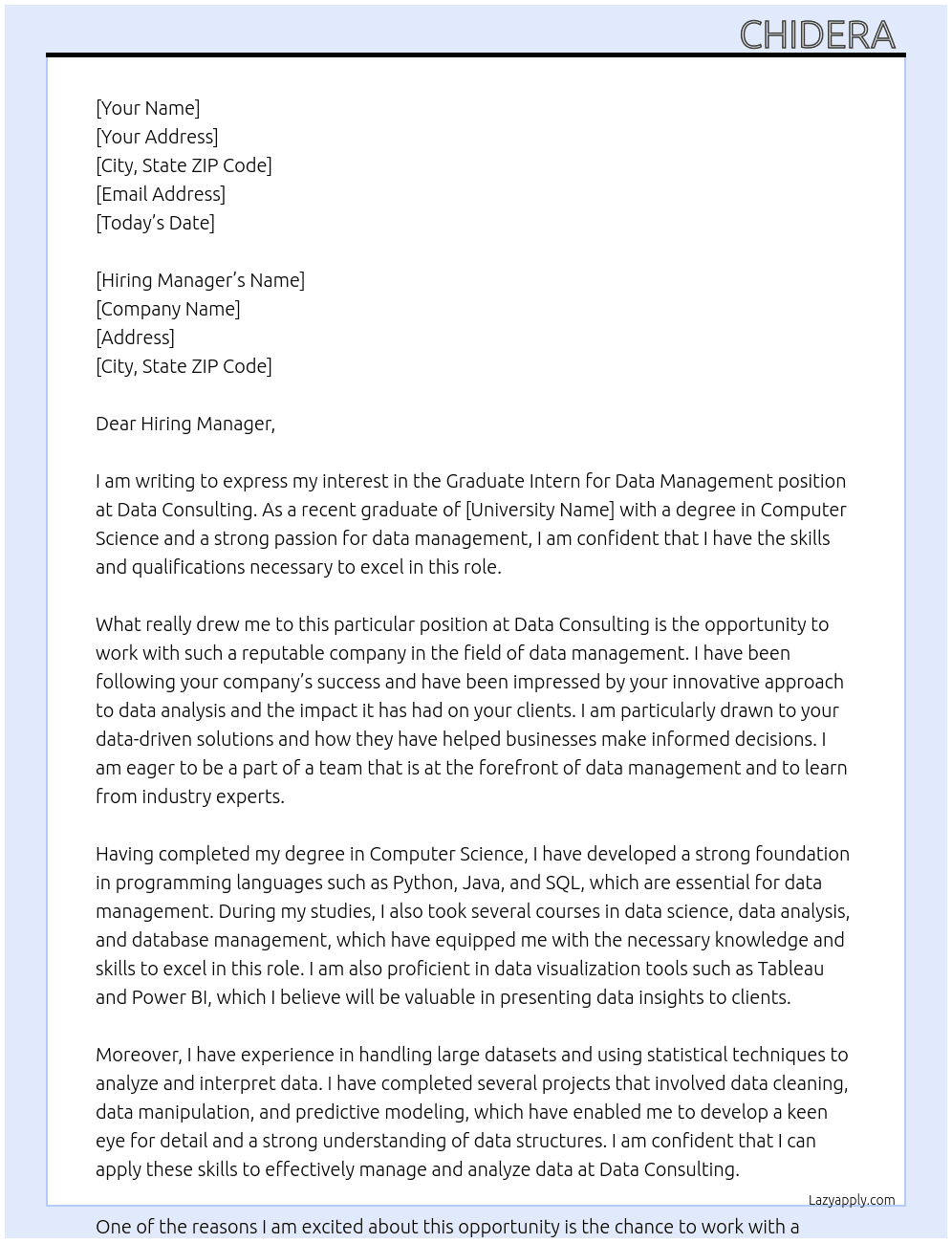 Graduate Intern for data management  At Data consulting  Cover Letter