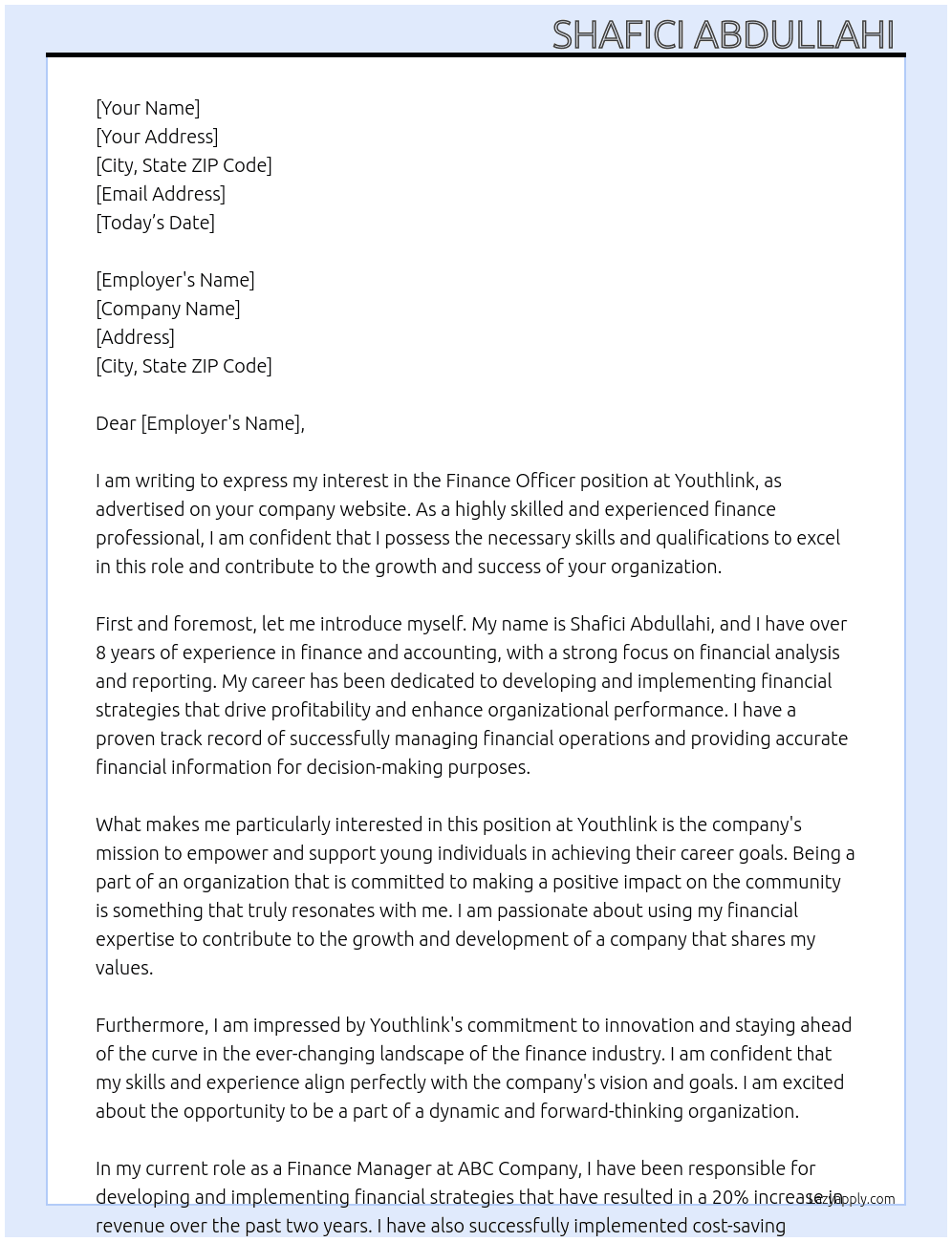 Finance officer At Youthlink Cover Letter